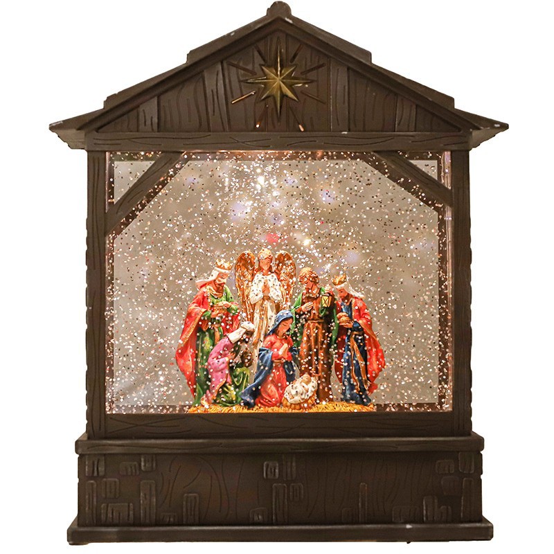 Navidad pesebre casa plana luz de agua regalo de micro paisaje decoración religiosa caja de música decoración de atmósfera de nieve automática