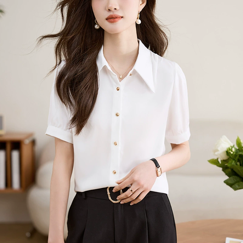 2024 новая корейская версия тонкого тонкого лацкана однобортный цвет с короткими рукавами шифоновая рубашка женский летний тонкий топ