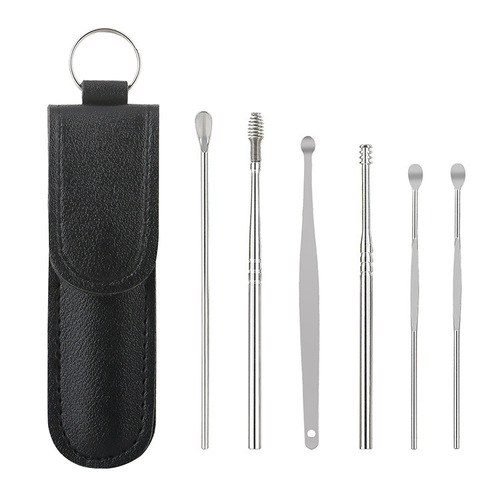 Factory direct sales portable ear pick stainless steel ear pick 6-piece set of ear picking tools ear pick adult spiral type