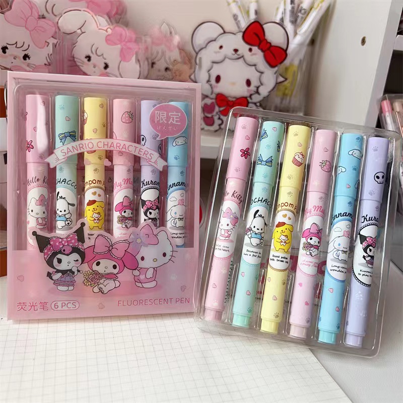 Cute Sanrio highlighter pen 6 boxed high-value eye protection color marker pen girl heart highlighter wholesale