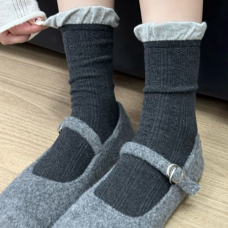 甜系4色·miu风拼色暗纹爱心堆堆袜泡泡口甜美日系撞色复古中筒袜|undefined