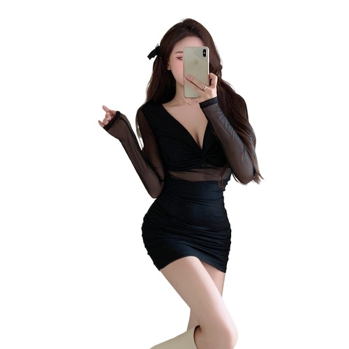 Pure Desire Style Sexy Black Mesh Dress for Women Spring Autumn Winter Elegant Design Inner Tight-Fitting Short Skirt