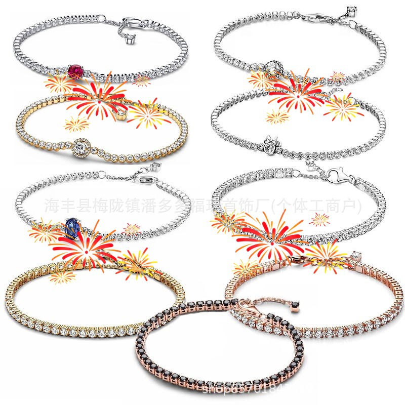 Cross-Border Supply New Model Panjia S925 Silver-Plated Dense Chain Style Shiny Heart-Shaped Tennis Bracelet with Shiny Red Gemstones