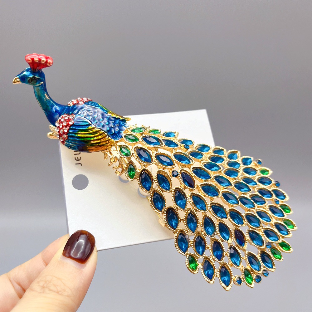 Foreign Trade Cross-Border Large Hole Bird Brooch Enamel Rhinestone Luxury Peacock Big Bird Corsage Clothing Accessories Festive Gift