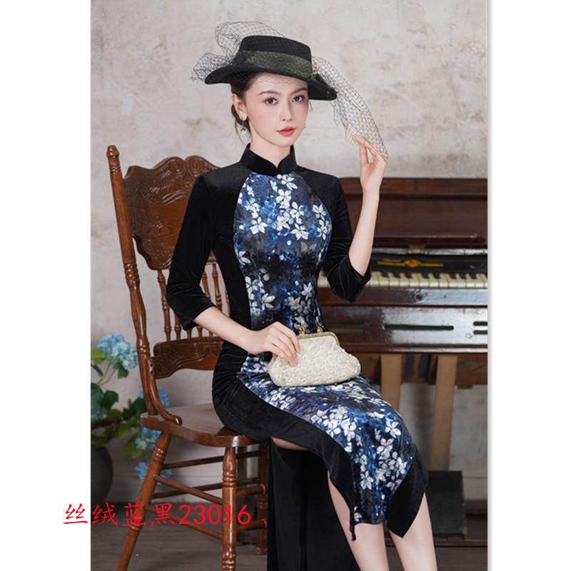 时尚拼接长款丝绒七分袖旗袍2025秋季新款国风中式小个子日常旗袍|undefined