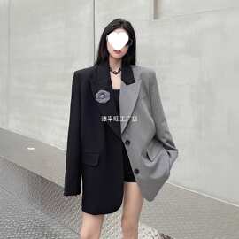 小众设计感不规则拼色西装外套女春秋新款气质垫肩西服上衣潮