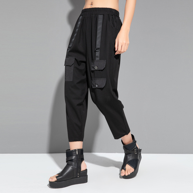 European Casual Harlan Pants Personalized Trendy Brand Women's Pants Elasticated Waist Loose Capri Pants Thin Dark Overalls
