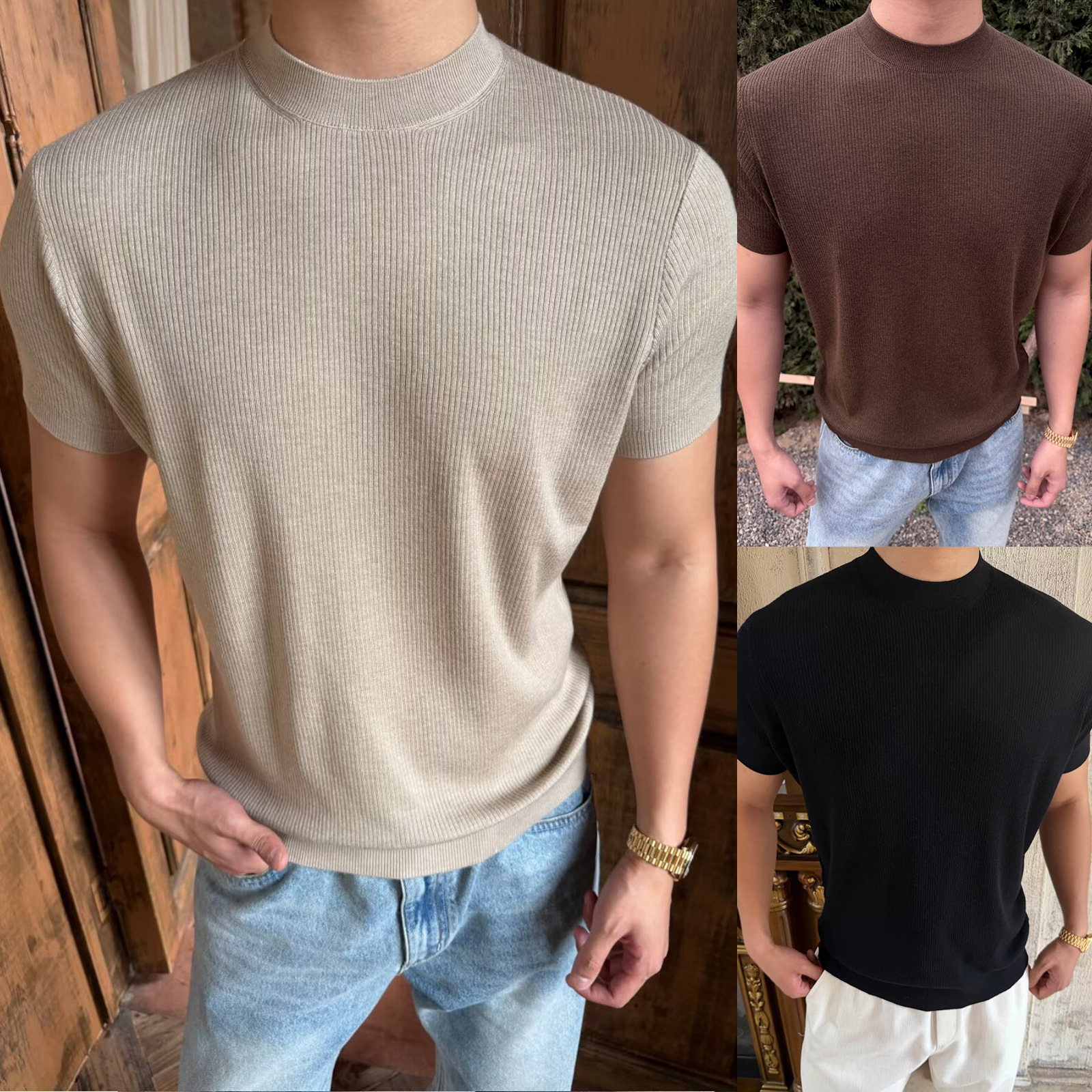 Camiseta de punto de manga corta camiseta textural hombre viejo estilo de hielo alto traje de verano de seda interior fábrica transfronteriza al por mayor