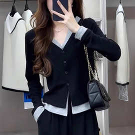 假两件T恤开衫女春秋款高级感黑色v领打底衫内搭短款修身上衣批发