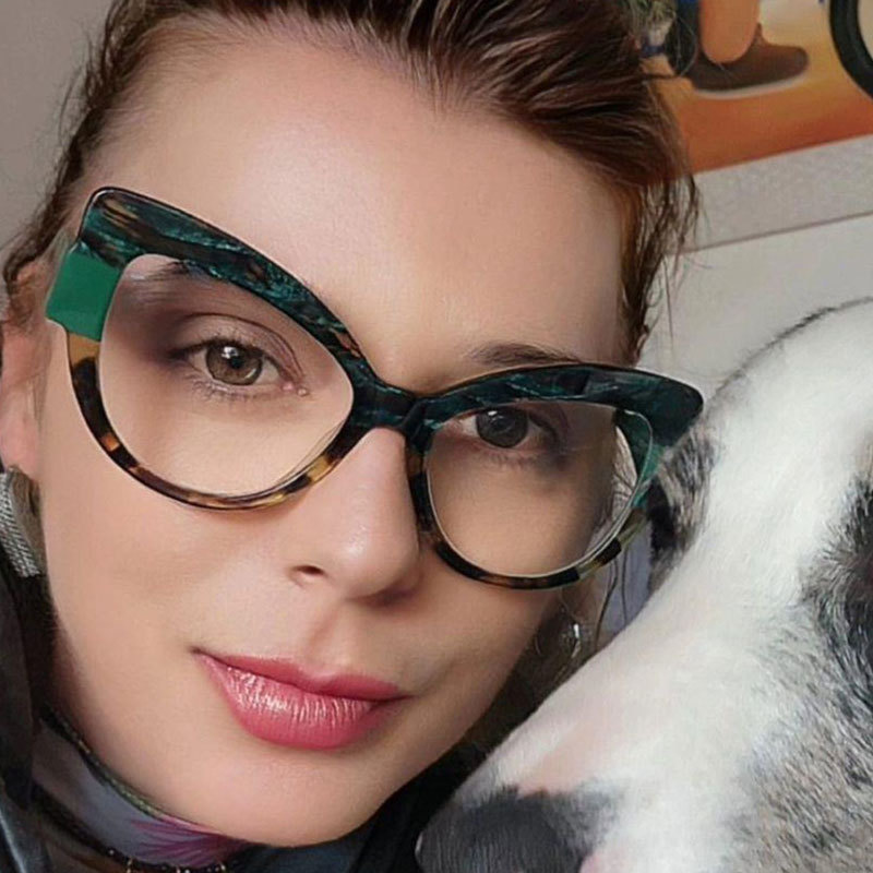 Gafas de montura TR90 transfronterizas, color de contraste de sentido avanzado, ojos de gato coloridos, espejo plano anti-azul, marco de gafas de todo fósforo de moda