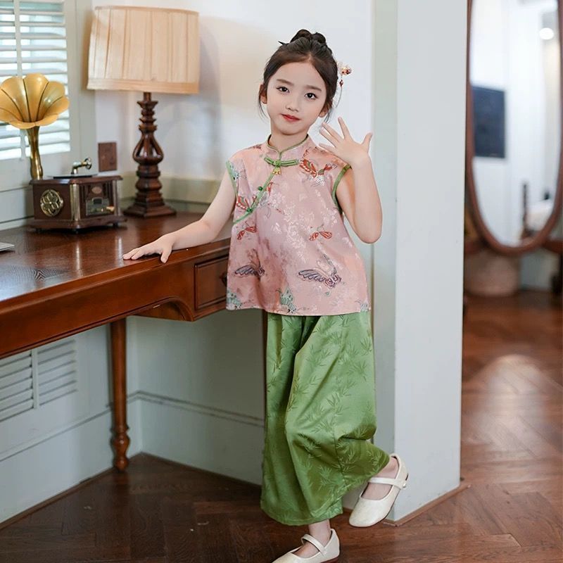 新中式女童夏季短袖套装2025新款汉服中国风马甲旗袍两件套公主装|undefined