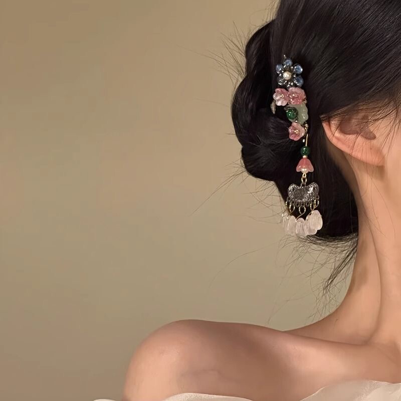 花が揺れる長い影〜新しい中国風の花のタッセルヘアピン、ファッショナブルな古代スタイルのハイエンドサイドバングクリップ漢服ヘアピン|undefined