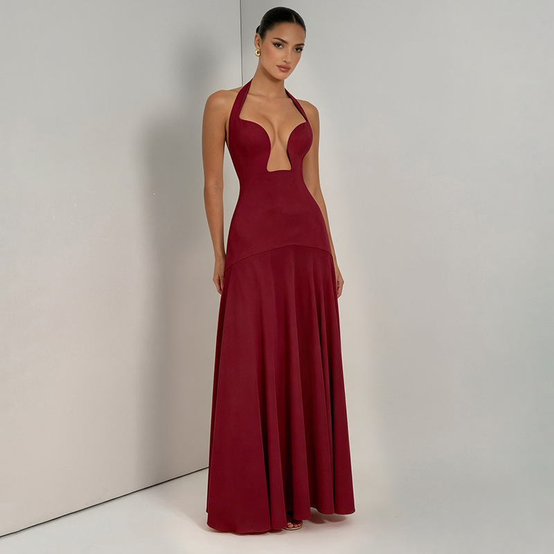 Amazon verano 2026 nuevo temperamento de mujer de color sólido cuello de cuello bajo sexy empalme vestido de espalda abierta vestido