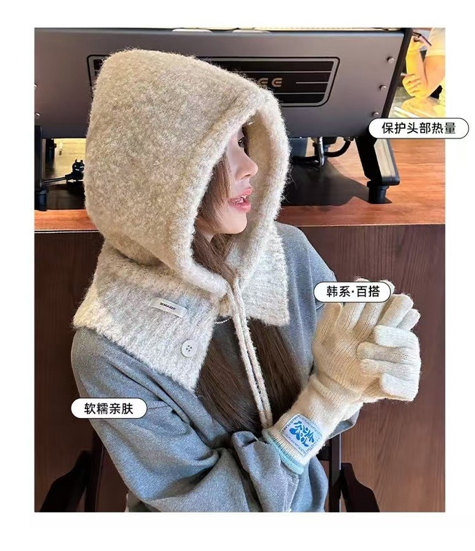 韓国のバラクラクの帽子の女性の冬の保温のマフラーの一体の帽子のマフラーのマフラーのマフラーのマフラーのニットの毛糸の帽子は国境を越えます。|undefined