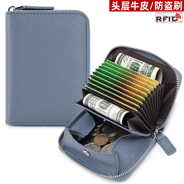 Wholesale Genuine Leather Accordion Card Holder for Women, Fashionable Large-Capacity Zipper Rfid Multi-Card Slot Card Holder