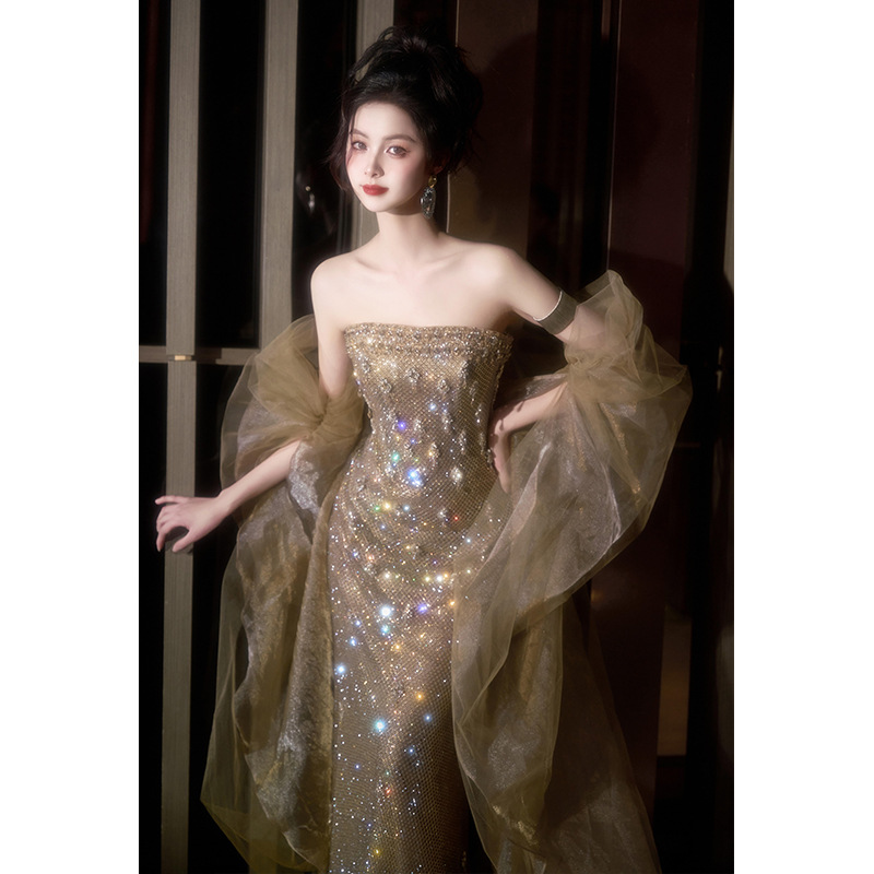 Banquet Evening Dress for Women, High-End, Accessible Luxury, Bridal Engagement Dress, Toast Dress, Tube Top, Host Performance Dress