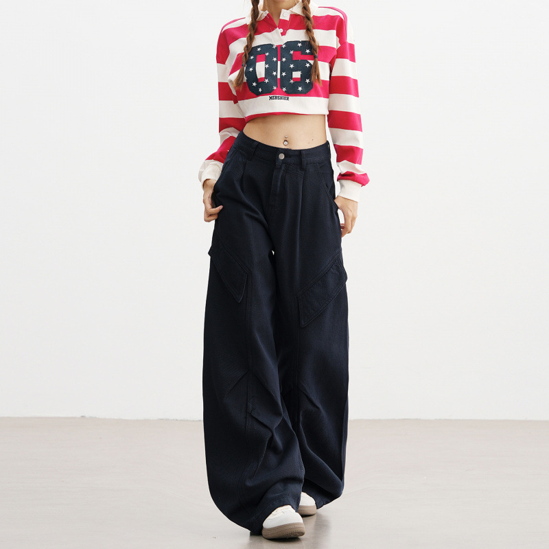 Pantalones Vaqueros Cargo de Pierna Ancha para Mujer de Mezclilla con Cintura Alta y Bolsillos