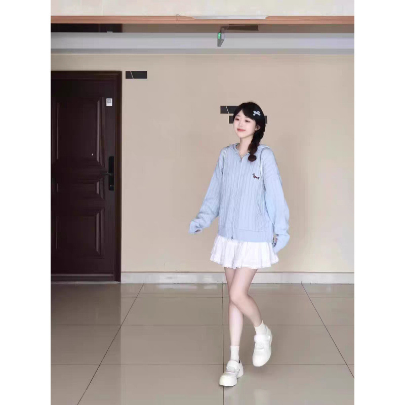 韩系穿搭粉色麻花连帽开衫毛衣女秋款宽松外穿慵懒风针织上衣|undefined