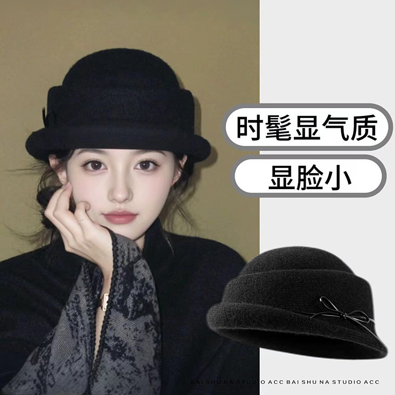 Hepburn estilo elegante sombrero de lana de invierno mujeres temperamento alto sentido sombrero de pescador de punto caliente sombrero de oro universal