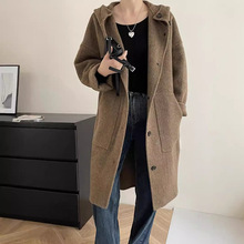 上海兰芝减龄连帽羊毛双面呢大衣新款宽松休闲毛呢外套女240614
