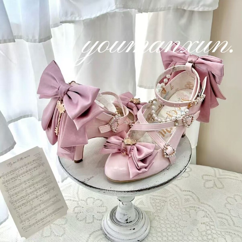 Lolita Versatile [Witch's Key] New Mid-Heel Elegant and Cute Lolita Bow-Knot High-Heeled Shoes