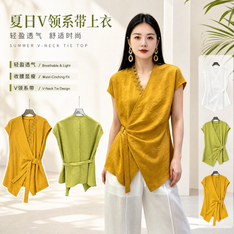Summer Linen and Lyocell Blend Top with French V-Neck, Waist-Cinching, Versatile, Slimming, Breathable, Casual Women's Shirt Summer Linen and Lyocell Blend Top with French V-Neck, Waist-Cinching, Versatile, Slimming, Breathable, Casual Women's Shirt
