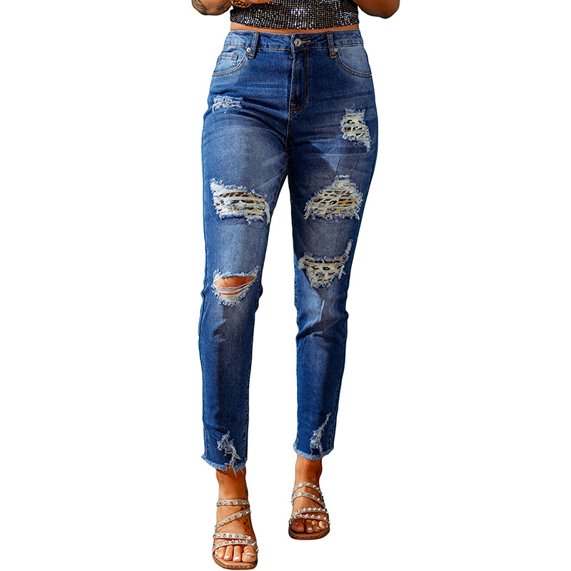 时颖跨境欧美牛仔裤女亚马逊新款拉链口袋深蓝色高腰女士牛仔裤