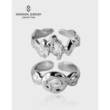 韩版戒指女设计感小众简约不规则锤纹肌理锆石可调节不掉色食指戒