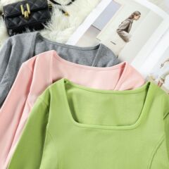 四角い襟の長袖の底のシャツの女性の春と秋の外は短いタイプの魚の骨の上着のデザイン感を着て体を修理します。