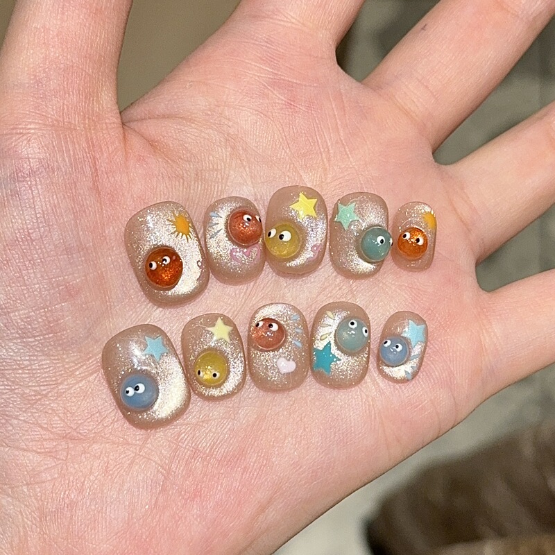 Handmade [Playful Monster] Cat Eye Purely Handmade Wearable Nails High-End Short Doudou Manicure Fake Nail Patch
