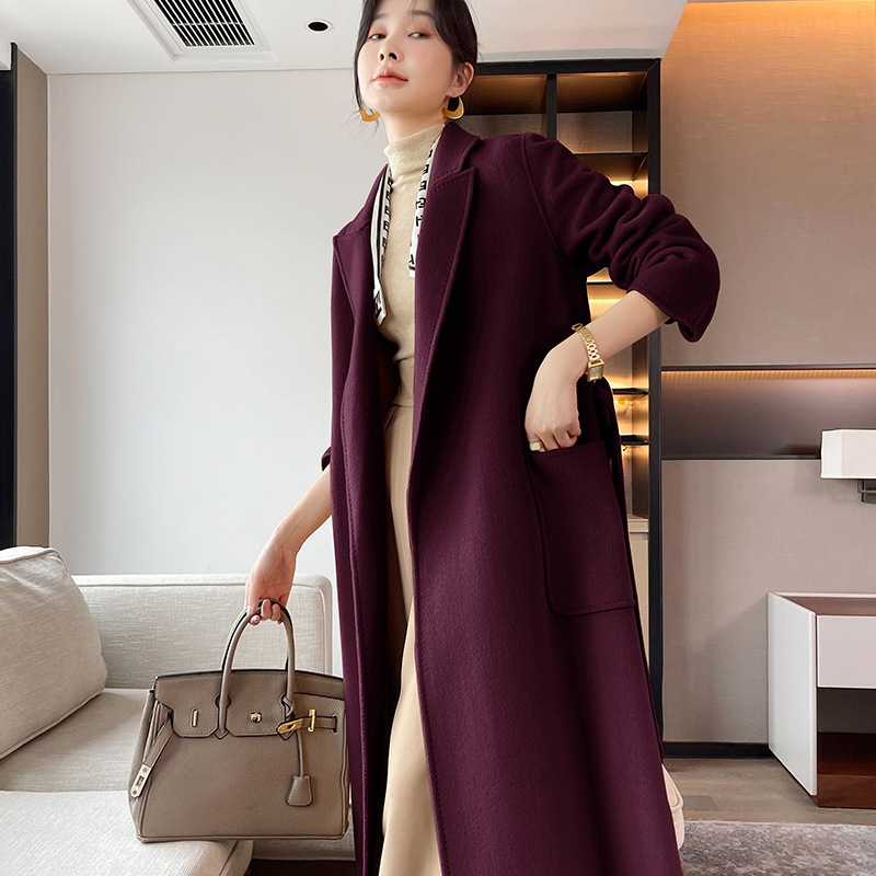 紫色15%山羊绒2025年新款双面羊绒大衣女中长款秋冬羊毛毛呢外套