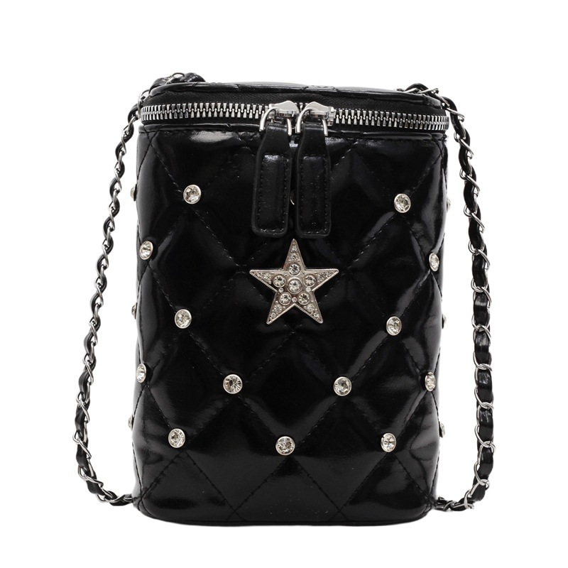 Versión coreana del pequeño bolso de cubo de viento de fragancia 2025 nuevo bolso femenino de cadena estilo extranjero bolso de hombro con diamantes bolso de mensajero de hilo bordado de diamantes