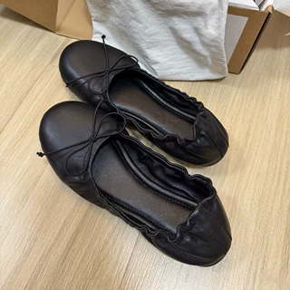 羊皮版~法式复古褶皱蝴蝶结芭蕾鞋女巨软圆头平底浅口百搭奶奶鞋
