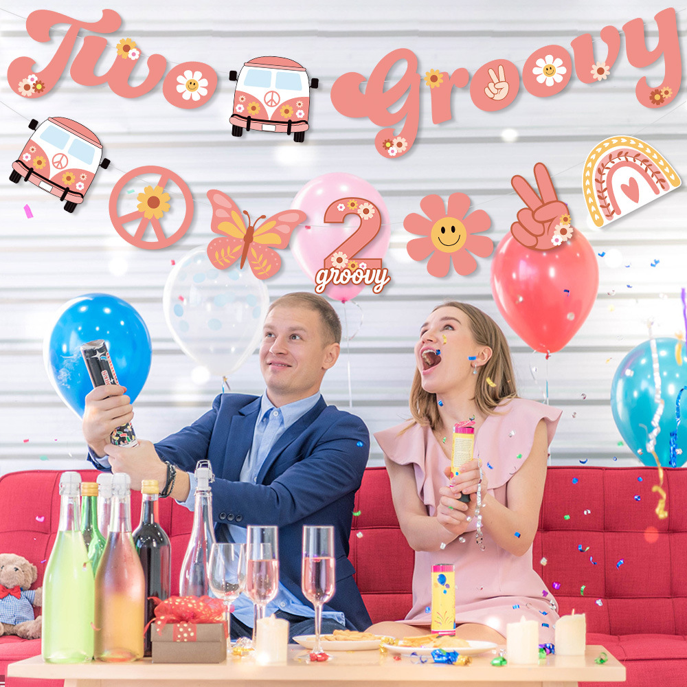 Nuevo Dos Groovy hippie bohemio fiesta de cumpleaños tema cumpleaños bandera Margarita pastel