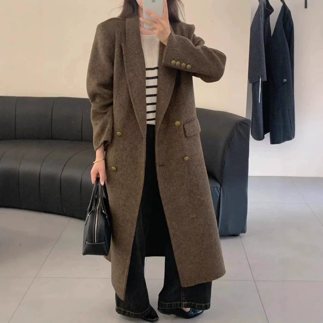 [Костюм с металлической пряжкой] Новый двубортный костюм с расширенным чувством плеча с длинным корейским шерстяным пальто