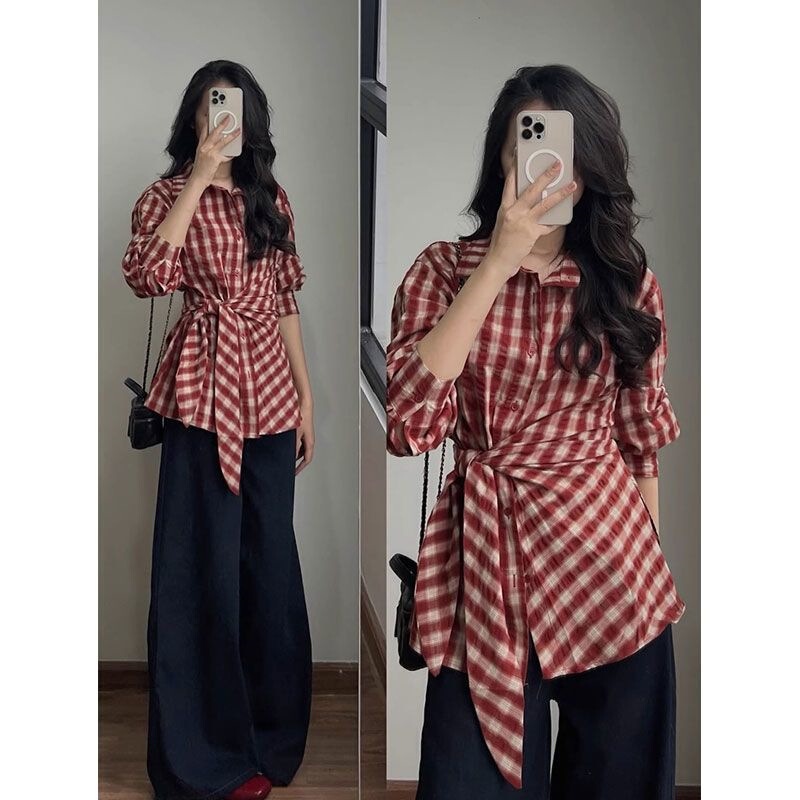 Tie-Waist Plaid Shirt for Women in Spring and Autum New Style Retro Hong Kong Style High-Waist Slim Lapel Outer Top