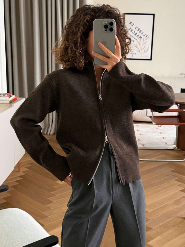 Áo khoác cardigan len dệt kim cổ đứng khóa kéo hai chiều dài tay — Màu nâu cà phê, Màu trắng, màu đen, màu đỏ chi tiết 18