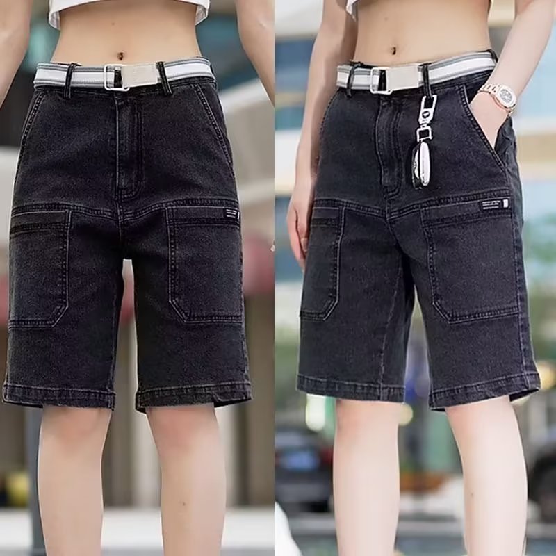 Summer thin six pocket Denim shorts men's slim fit versatile washed casual pants men's trendy Korean style straight pants
