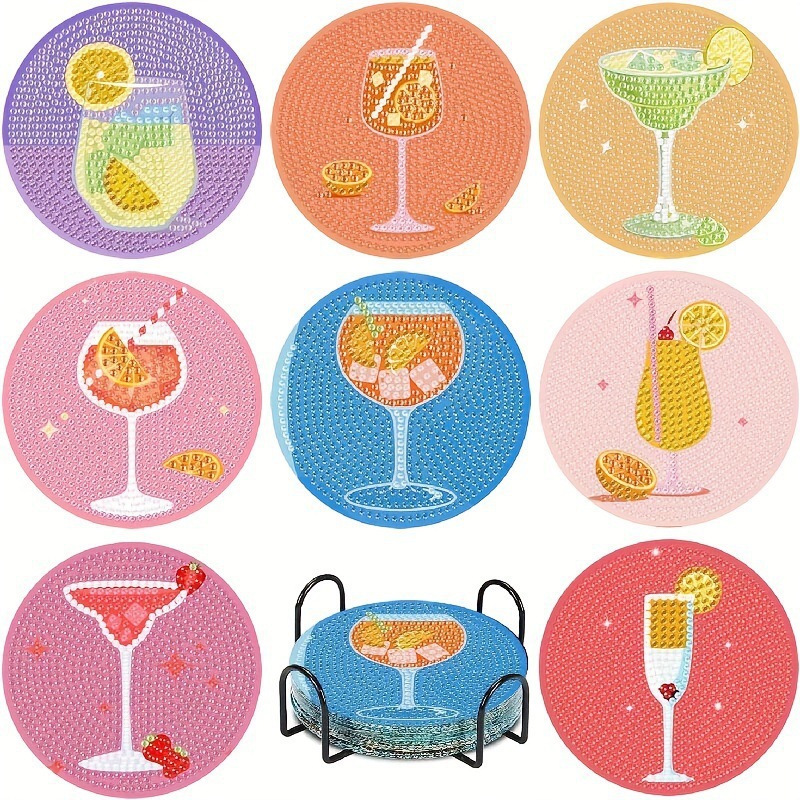 Ventas transfronterizas calientes de 8 piezas de conjunto de cojín de taza de arte de diamante, con soporte, pequeño conjunto de pintura de diamante, adecuado para adultos