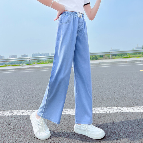 Summer thin Tencel wide-leg pants for girls, ice silk denim straight-leg pants, suitable for middle children, summer pants, loose and stylish