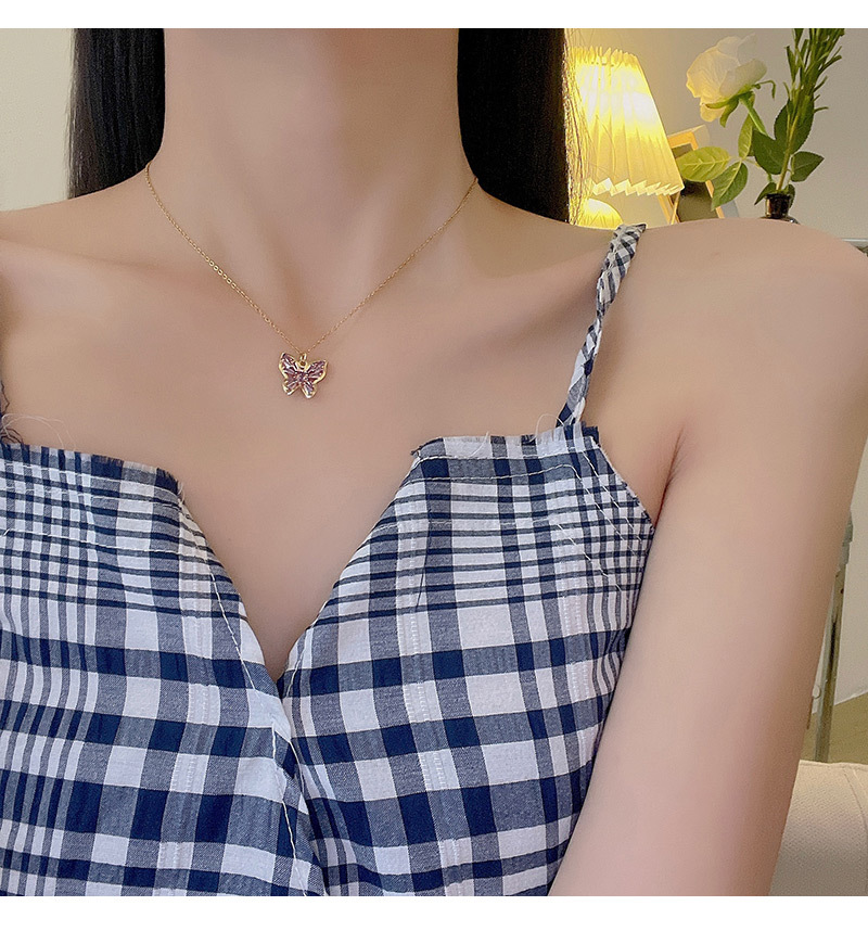 Fashion Butterfly Titanium Steel Plating Zircon Pendant Necklace
