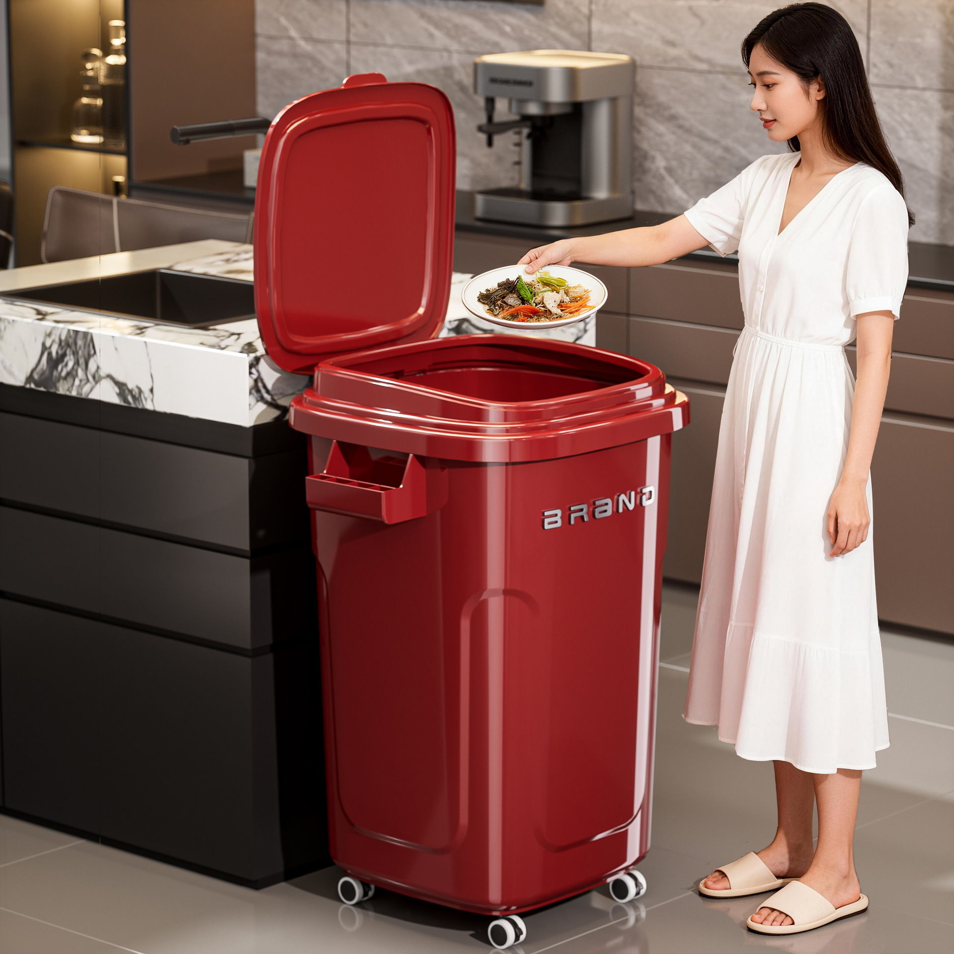 Household Kitchen Trash Can with Large Capacity, Removable Wheels and Lid, Commercial Catering Special Square Trash Can