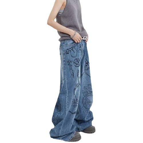 Vintage graffiti relaxed high-waisted jeans for men and women, Insta-style niche American street wide-leg pants, trendy