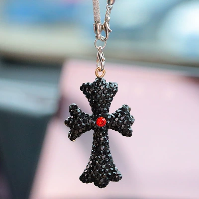 Rhinestone Cross Car Men and Car hanging - black-vintage-cross
