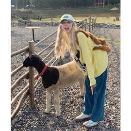 黑色卡通斑点狗圆领毛衣男女款冬季软糯慵懒风宽松百搭学院风上衣