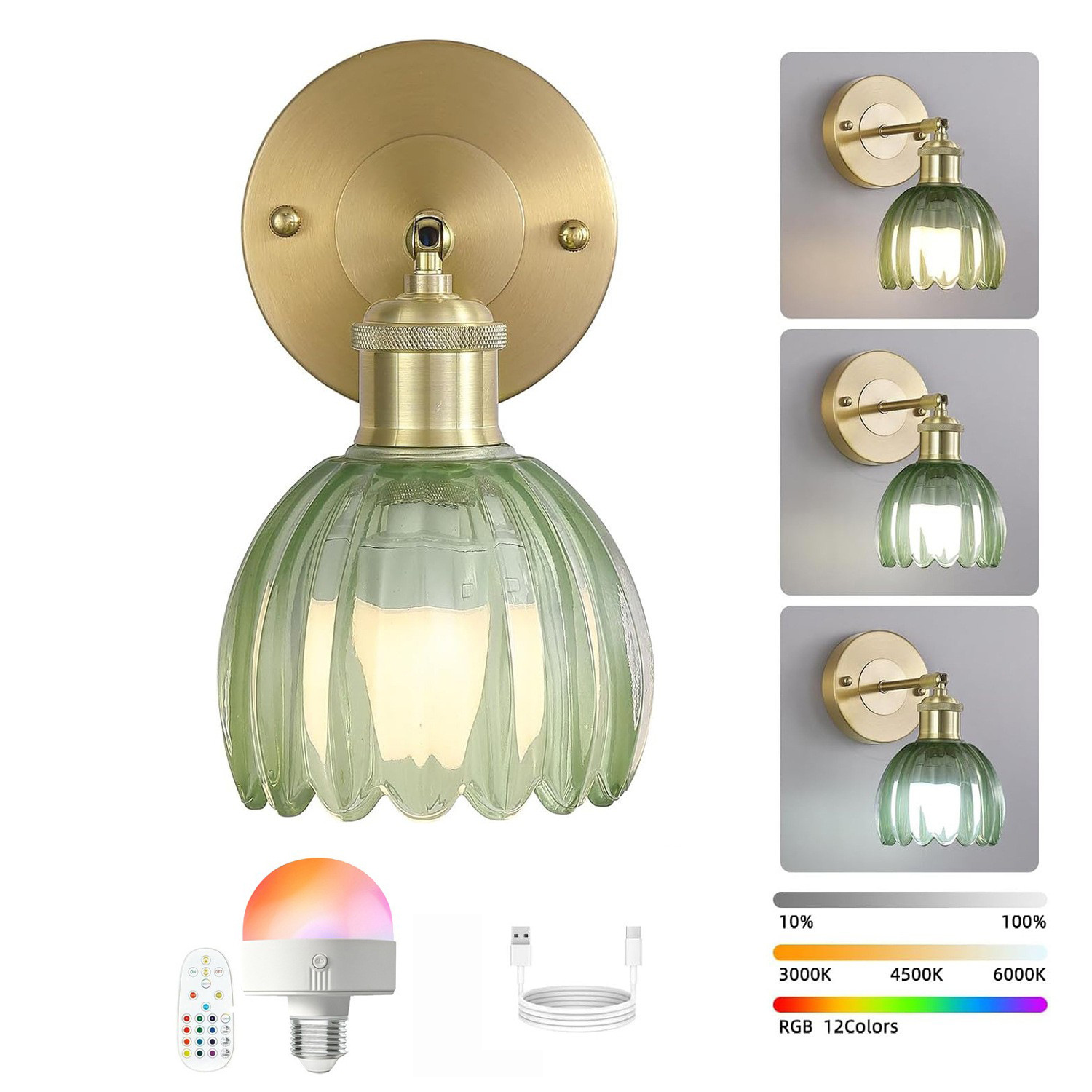 跨境爆款复古绿色玻璃壁灯免布线吧台餐厅北欧卧室床头高级感壁灯