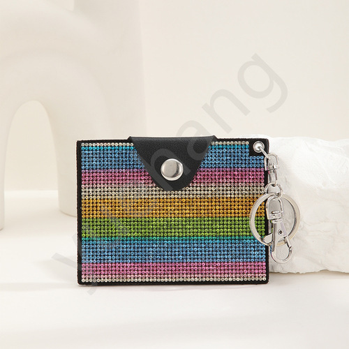 Cross-border fashion colorful water diamond credit card case key chain leather women's purse leopard print rainbow card holder