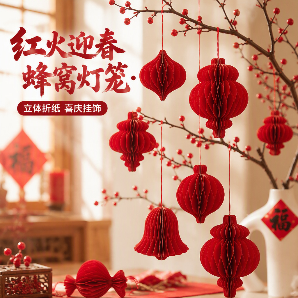 New Year red honeycomb paper lanterns, Chinese New Year decorations for the living room, origami hanging ornaments, three-dimensional small pendants