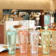 新款創意雙層吸管塑料水杯大容量櫻花奶茶果汁水杯家用便攜隨手杯