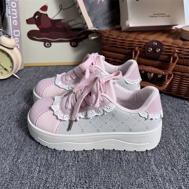 Popular Lace-Trimmed Gray-Pink Thick-Soled German-Style Sneakers 2026 New Model Versatile Korean-Style Sports White Shoes for Students